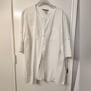 ELLEN TRACY White 100% Linen Button Down Top